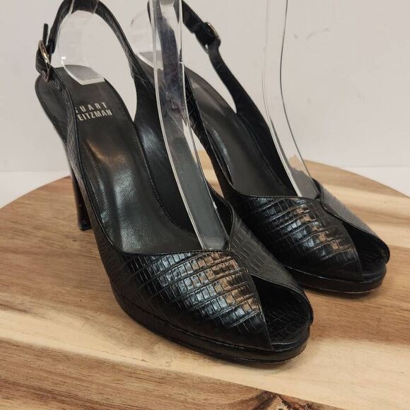 Stuart Weitzman Women's Peep Toe Embossed Block Heel Size 7 N Black - Picture 3 of 10